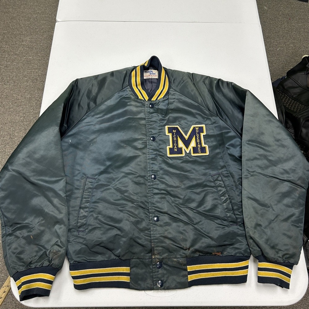 Chalk Line Varsity Jacket Mens L Navy Michigan Wolverines Satin Vintage Snap